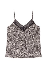 Cami-Top mit dünnen Trägern, ausgestattet mit einem schwarzen Spitzen-Ausschnitt und einem beigen Stoff, der mit schwarzen Leopardenflecken verziert ist. Glatte Textur, lockere Passform.