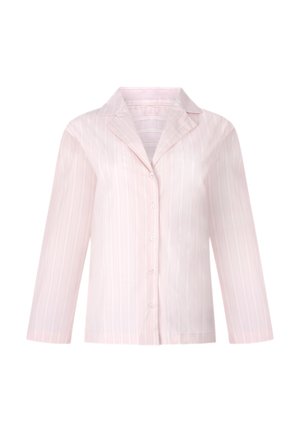 Roze gestreepte blouse met een zachte, gladde textuur, voorzien van een kraag en lange mouwen. Subtiele witte accentstrepen.