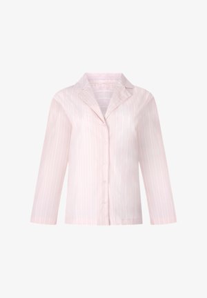 Roze gestreepte blouse met een zachte, gladde textuur, voorzien van een kraag en lange mouwen. Subtiele witte accentstrepen.