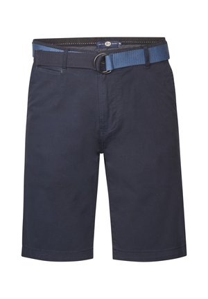 Marinefarbene Shorts aus Baumwolle mit einer glatten Textur, ausgestattet mit einem gewebten blauen Gürtel und Schlaufenbeschlägen an der Taille.