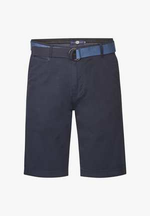 Marinefarbene Shorts aus Baumwolle mit einer glatten Textur, ausgestattet mit einem gewebten blauen Gürtel und Schlaufenbeschlägen an der Taille.