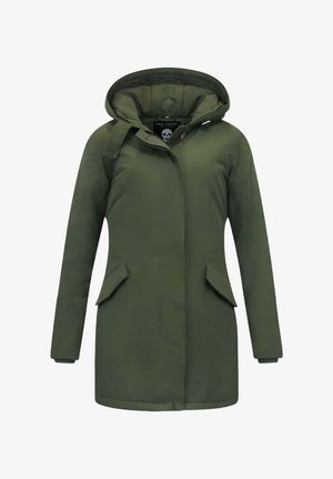 Oliën groene capuchonjas met een rits aan de voorkant, twee zijzakken en een glad, waterbestendig materiaal. Heeft een logotag op de kraag.