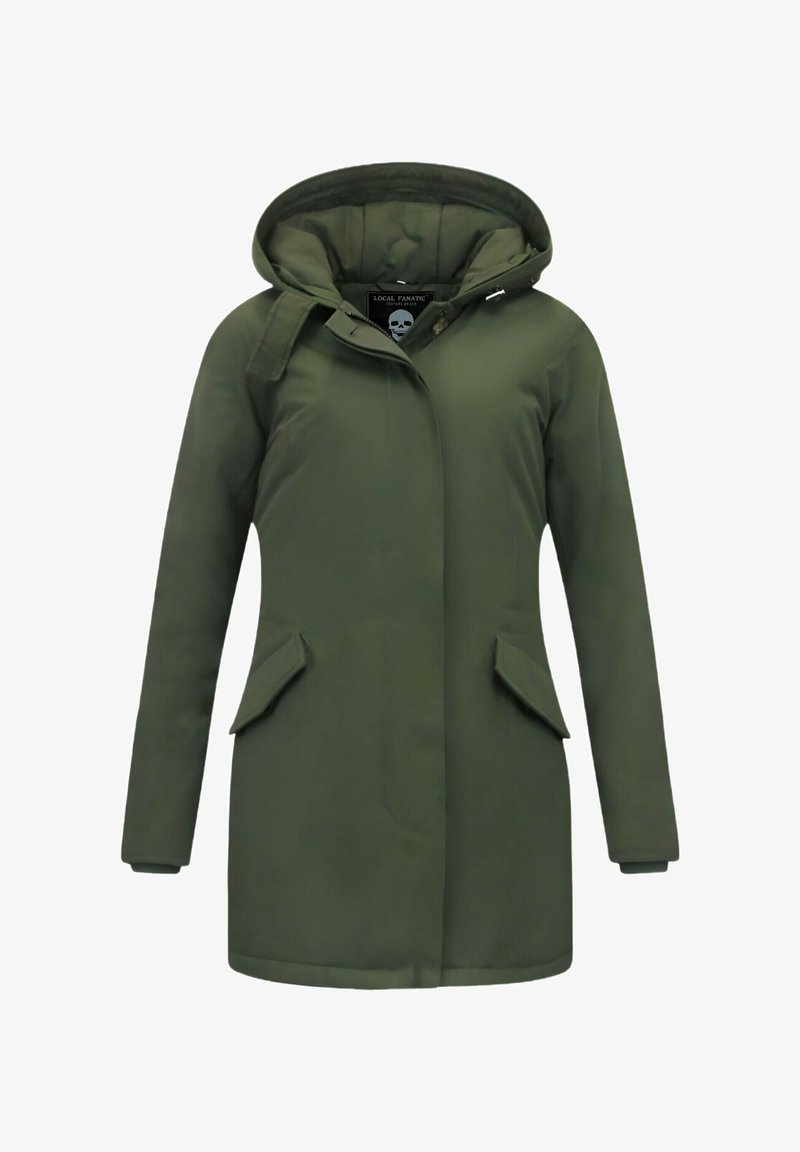 Oliën groene capuchonjas met een rits aan de voorkant, twee zijzakken en een glad, waterbestendig materiaal. Heeft een logotag op de kraag.