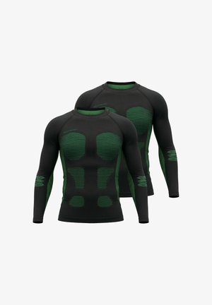 Black long-sleeve shirts featuring green horizontal stripes and textured detailing. Made of stretchy material, designed for athletic wear.