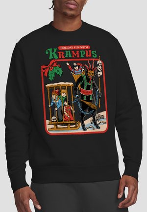 Black sweatshirt with colorful "Holiday Fun with Krampus" design showing Krampus holding chains and a broom with children trapped in a cage and a sled.