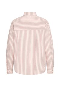 Chemise à manches longues à boutons avec rayures verticales roses et blanches, vue de dos, avec un col et des boutons aux poignets.