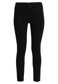 Svarta smala jeans i denim, med en midje i medelhöjd, fem fickor och en mjuk textur med dragkedja och knappstängning.