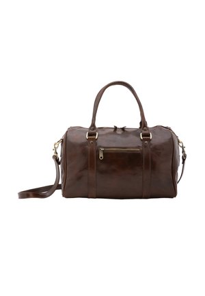 Borsa da viaggio in pelle marrone con manici superiori doppi, tracolla regolabile e tasca frontale con cerniera. Texture liscia e design robusto.