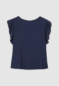 Blusa blu navy a maniche corte con scollatura rotonda. Tessuto leggero e testurizzato con maniche a volant. Nessun motivo o decorazione visibile.