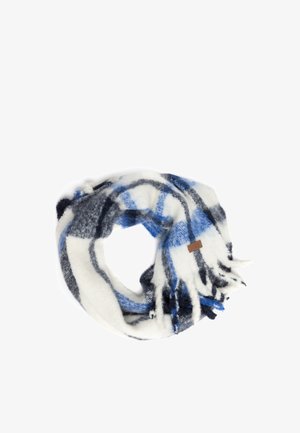 Kruhový šátek vyrobený z měkké, strukturované tkaniny s modro-bílým kostkovaným vzorem. Obsahuje třásně na okrajích a malou hnědou visačku.