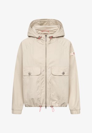 Beige gewatteerde jas met capuchon, voorrits, twee klepzakken met knopen, verstelbare trekkoorden aan capuchon en zoom, en elastische manchetten.