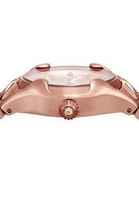 Roségoldene Uhr mit einem runden, polierten Gehäuse, gewölbtem Glas und einer hervorgehobenen dekorativen Krone, die mit einem klaren Edelstein verziert ist.