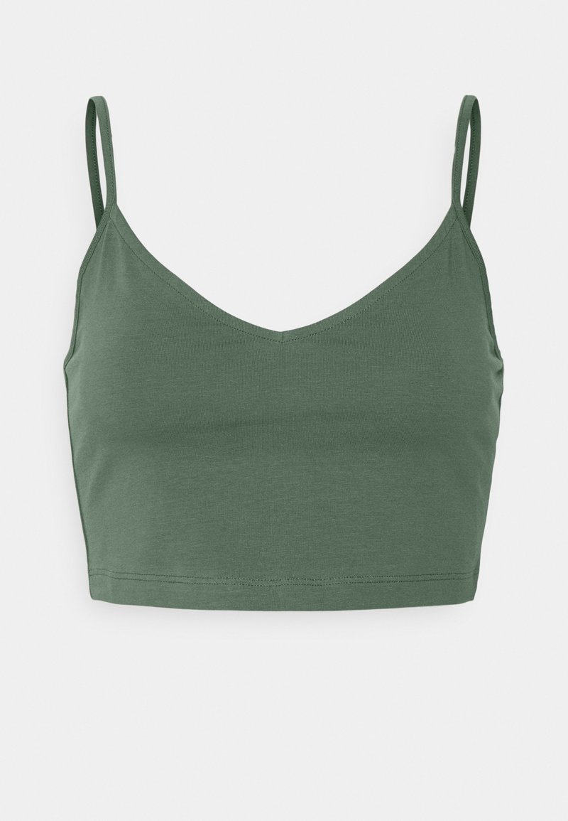 Débardeur court vert olive avec fines bretelles, confectionné dans un tissu doux et extensible ; doté d'un décolleté en V et d'un design simple et sans coutures.