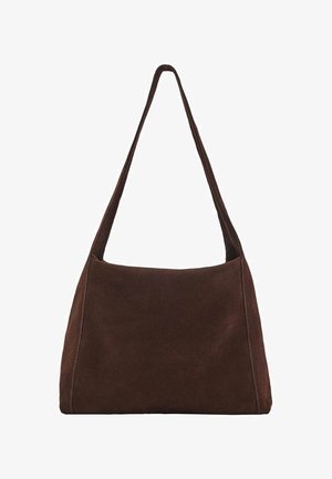 Brown suede shoulder bag with a wide strap, rectangular shape, soft texture, and minimal stitching details on the sides.