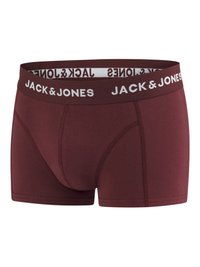 Burgunderfarbene Baumwollboxershorts mit einem weißen "JACK & JONES" Logo-Gummibund, der eine eng anliegende Passform und einen Frontbeutel zur Unterstützung bietet.