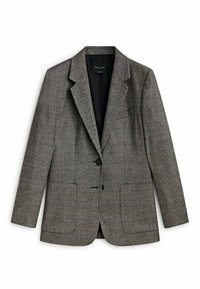 Blazer grigio a quadri con revers a incastro, due tasche frontali, chiusura con bottoni e fodera interna liscia. Realizzato in tessuto strutturato.