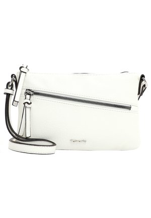 Bolso bandolera blanco de piel con una superficie texturizada, cremallera plateada y correa ajustable. Cuenta con un bolsillo delantero con cremallera y un branding mínimo.