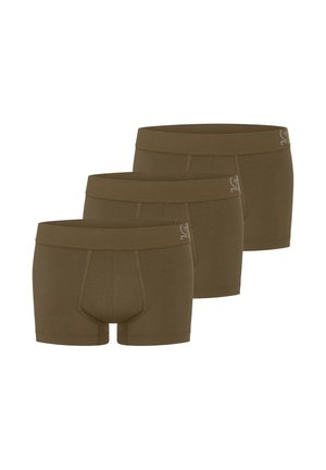 Hnědé boxerky v balení po třech. Měkký bavlněný materiál s těsným střihem, s výraznou přední kapsou a elastickým pasem.