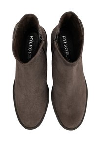Brown suede ankle boots with a smooth texture, side zippers, rounded toes, and a flat rubber sole. Branding visible inside.
