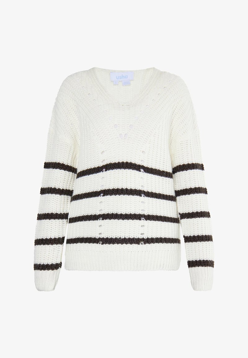 Pull en V tricoté blanc avec des rayures noires horizontales sur les manches et le corps, présentant un motif texturé avec de petits trous.