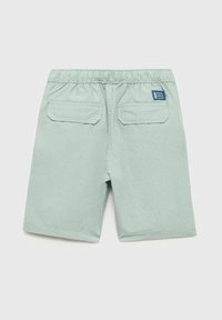 Shorts vert clair en tissu doux. Comprend une taille élastique, deux poches arrière et une petite étiquette de logo sur la poche droite.