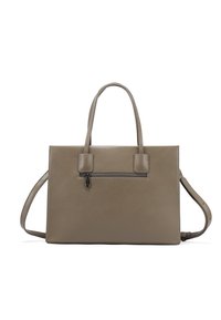 Borsa a tote in finta pelle grigia con due manici superiori, tracolla regolabile, tasca frontale con zip e texture liscia.