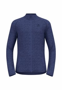 Veste bleu marine zippée avec un col montant, dotée d'un tissu texturé, de deux poches latérales et d'un logo discret sur la poitrine.