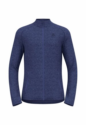 Marineblauwe ritsjack met hoge kraag, voorzien van een gestructureerde stof, twee zijzakken en een subtiele logo op de borst.