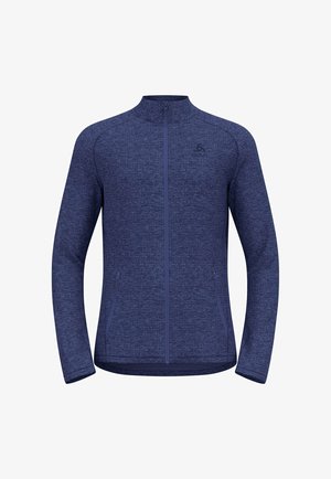 Navy blue zip-up jacket with a high collar, featuring a textured fabric, two side pockets, and a subtle logo on the chest.