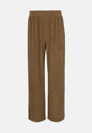Pantaloni in velluto a coste marroni con silhouette a gamba larga, dotati di vita elastica e texture a coste verticali. Senza tasche né dettagli hardware.