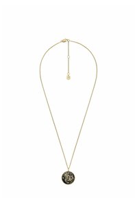 Collana color oro con una delicata catena, caratterizzata da un pendente circolare con un centro nero e la lettera "C" in oro.