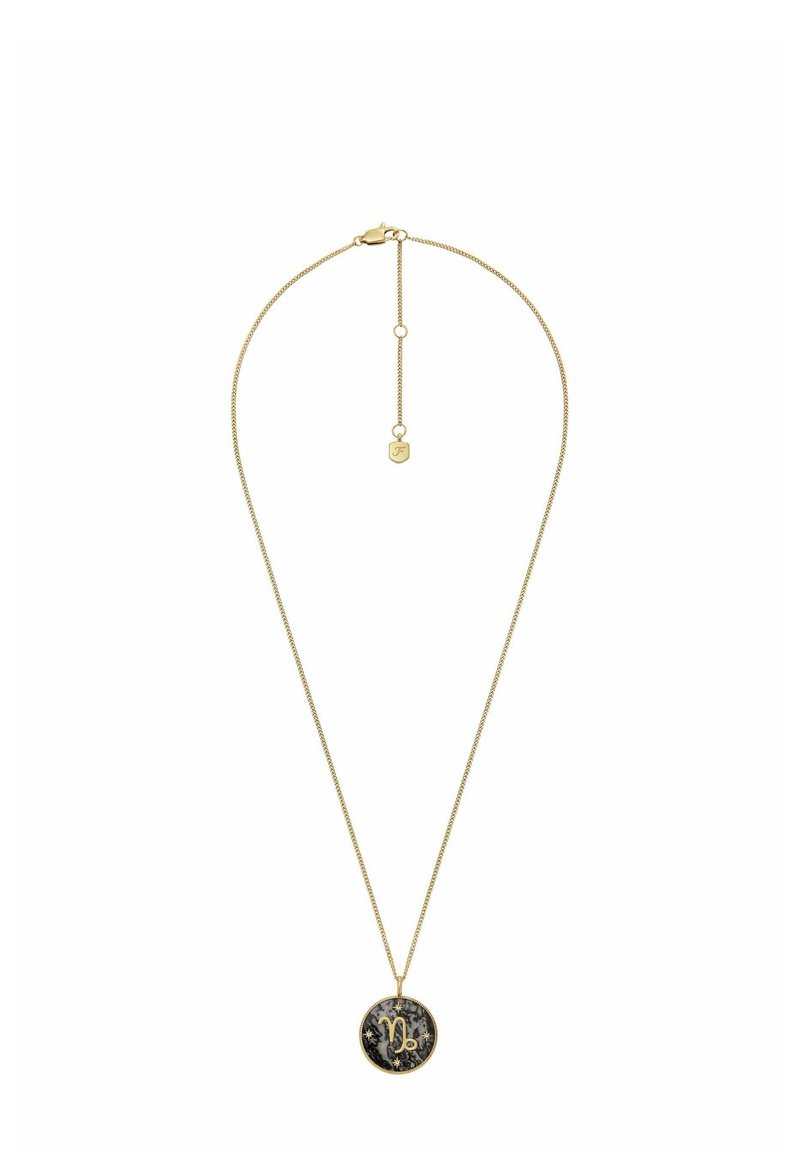 Collana color oro con una delicata catena, caratterizzata da un pendente circolare con un centro nero e la lettera "C" in oro.