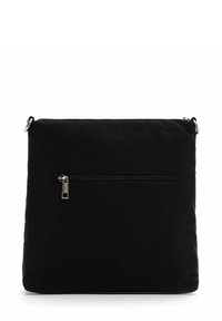 Black nylon crossbody bag with a flat rectangular shape. It features a zippered front pocket, silver hardware, and a smooth texture.