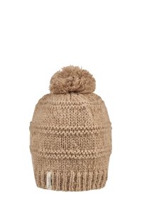 Knit beige beanie with a pom-pom on top, featuring a textured pattern and a small fabric label on the side. Ribbed edging at the base.