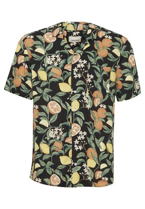 Short-sleeve shirt in black fabric featuring a vibrant citrus fruit and floral pattern in yellow, orange, and green tones.