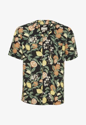 Rövidujjú, fekete szövetből készült ing, amely élénk citrusgyümölcs- és virágmintával rendelkezik sárga, narancs és zöld árnyalatokban.