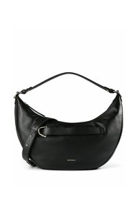 Schwarze, aus Leder gefertigte, sichelförmige Handtasche mit verstellbarem Riemen, silberner Schnalle, Reißverschluss und kleinem, goldenem "Coccinelle"-Logo auf der Vorderseite.