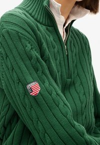 Vihreä palmikkoneulepaita, jossa on korkea kaulus, hopeinen vetoketju ja vasemmassa hihassa oleva punaisen ja sinisen kilven kuvioinen merkki.