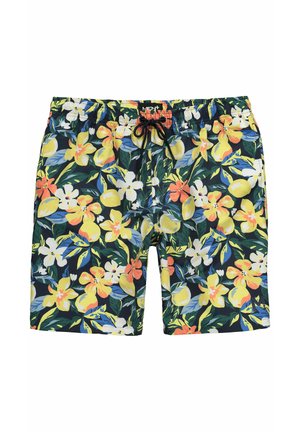 Blumige Badehosen mit einem Kordelzugbund. Sie haben einen marineblauen Hintergrund mit lebhaften gelben, orangefarbenen und weißen Blumen sowie grünen Blättern.