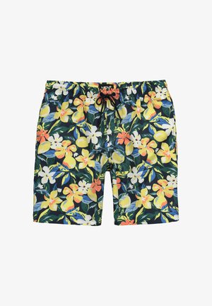 Bañador floral con cintura ajustable por cordón. Presenta un fondo navy con vibrantes flores amarillas, naranjas y blancas, y hojas verdes.