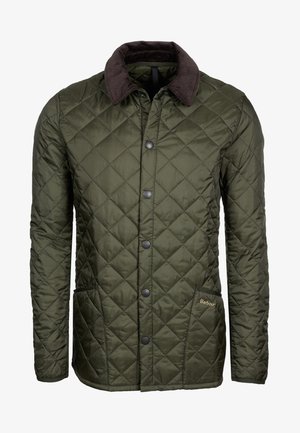 Olive green quilted jacket with a brown corduroy collar, snap buttons, and side pockets, featuring a subtle brand logo.