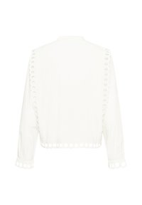 Blouse blanche à manches longues avec une bordure découpée circulaire le long des bords et des poignets, montrée de dos sur un fond blanc uni.