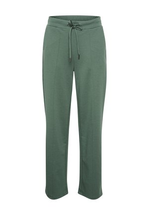 Pantaloni verdi a vestibilità comoda realizzati in materiale morbido, con cintura con cordino e tasche laterali. Tessuto liscio, gambe diritte.