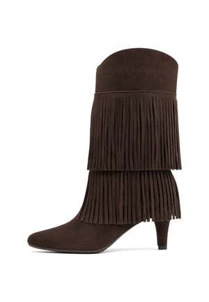 Dark brown suede mid-calf boot with double layered fringe detailing and a slim, low heel.