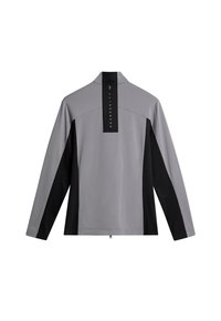 Szaro-czarna kurtka z długim rękawem i stójką, z logo na plecach oraz kontrastowymi panelami na rękawach.