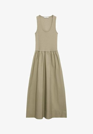 Ärmelloses maxi Kleid in Olivgrün aus weichem Stoff, mit einem taillierten Oberteil und einem gerafften Rock in fließendem Design.