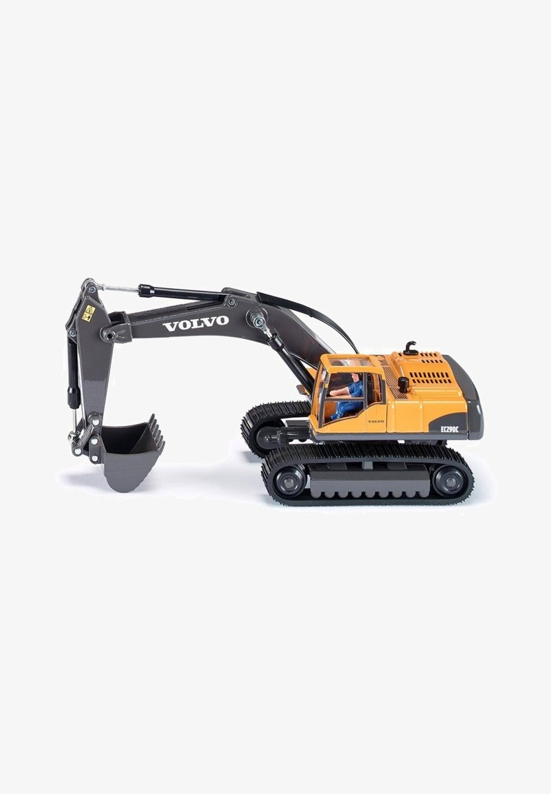 Volvo EC290C excavator model with an orange cabin, black arm, and bucket. Features textured tracks and detailed operational components.