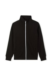 Giacca nera con zip e colletto alto, zip bianca e strisce laterali a contrasto in tessuto texturizzato grigio e verde scuro. Include due tasche laterali.