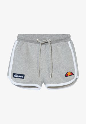 Graue Baumwollkurzshorts mit weißen Seitenstreifen, elastischem Taillenbund und Kordelzug. Mit gesticktem marineblauen Logo und bunten Akzenten an der Seite.