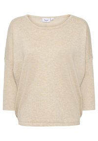 Helle beigefarbene, oversized Pullover mit weitem Halsausschnitt, Dreiviertelärmel und gerippter Struktur. Etikett sagt "Saint," Größe Medium.